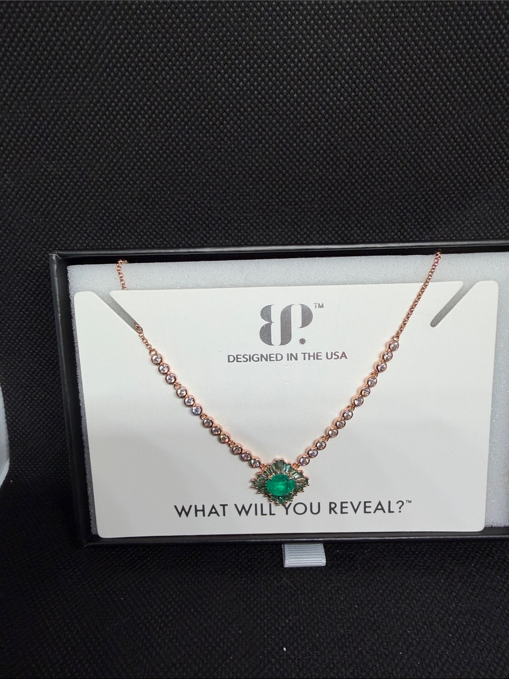 Rose Gold Necklace with Emerald Green Center Pendant - Designed in the USA